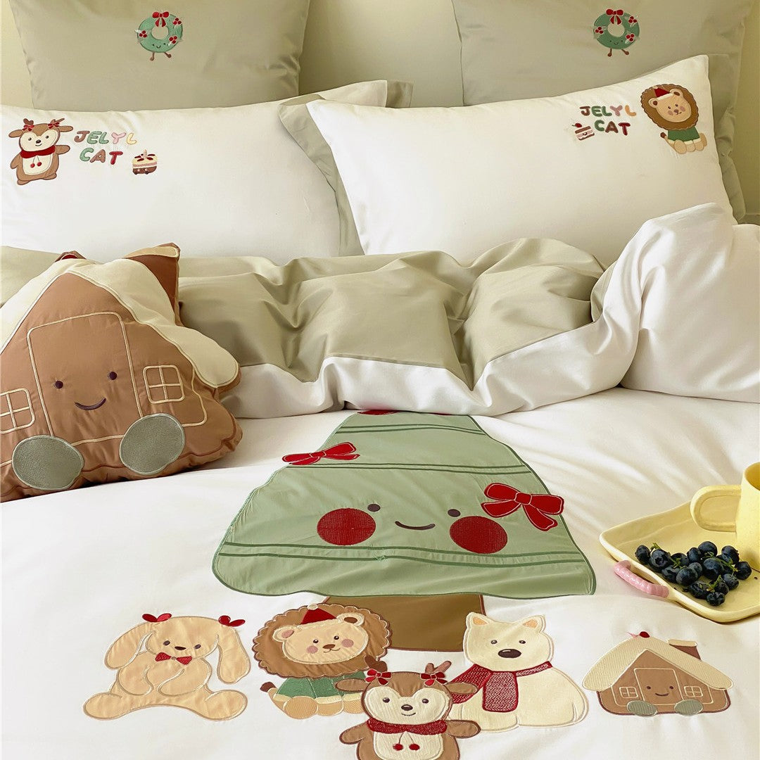 Cartoon Embroidered Kids Duvet Cover Bedding Set with Olive-Edge Pillow Shams