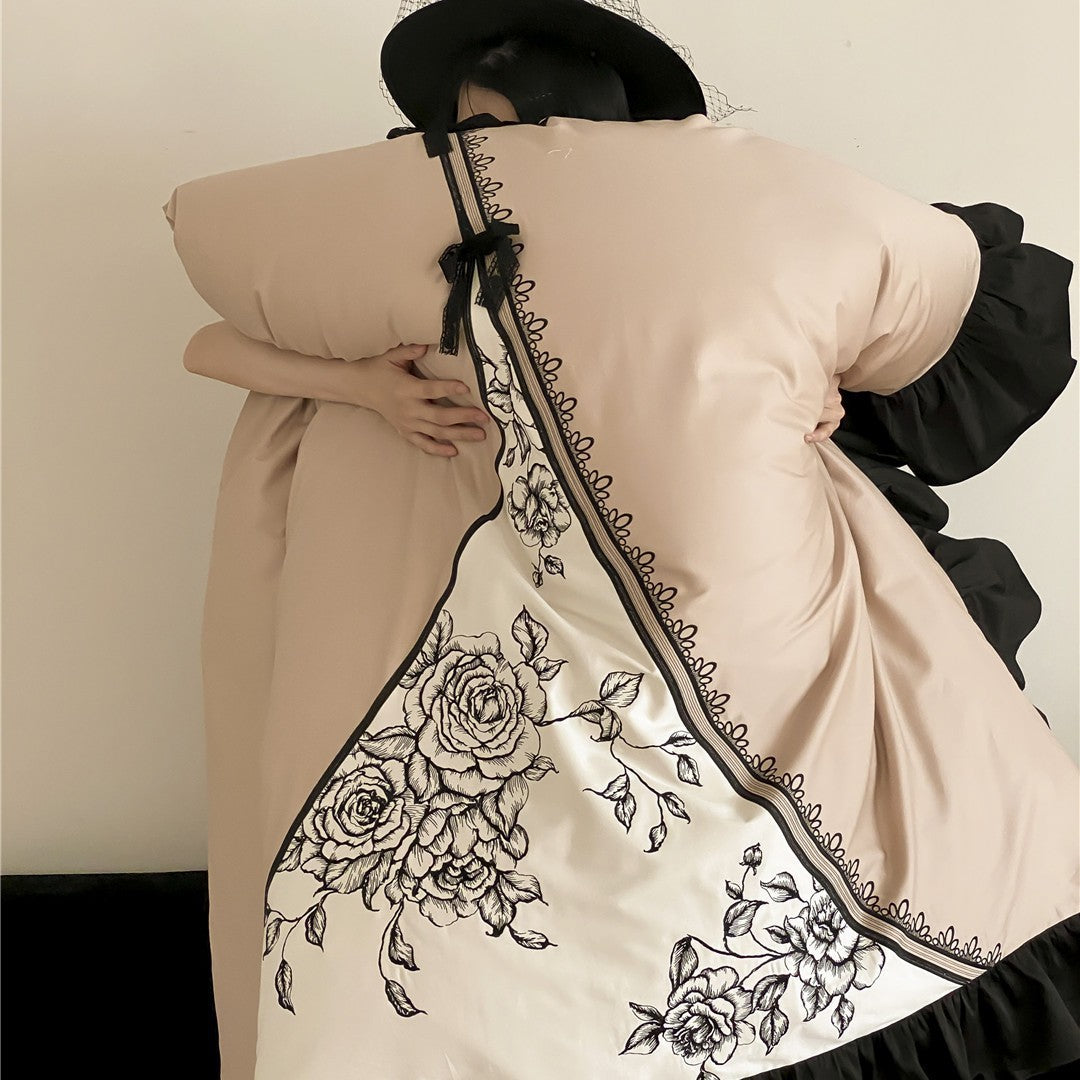 Rose-Embroidered Ruffled Corner Panel Duvet Cover Set with Contrast Satin Trim and Pillow Shams