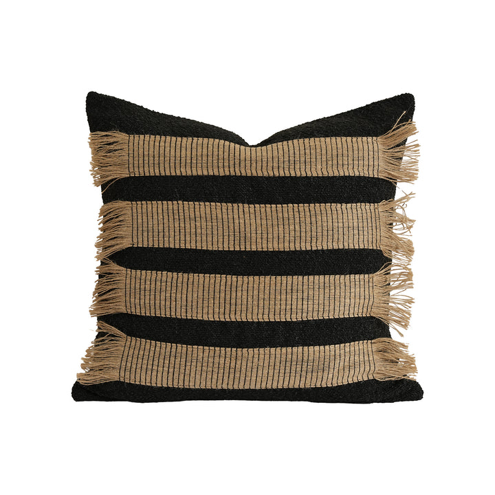 Rectangular decorative cushion with fringes and woven stripes