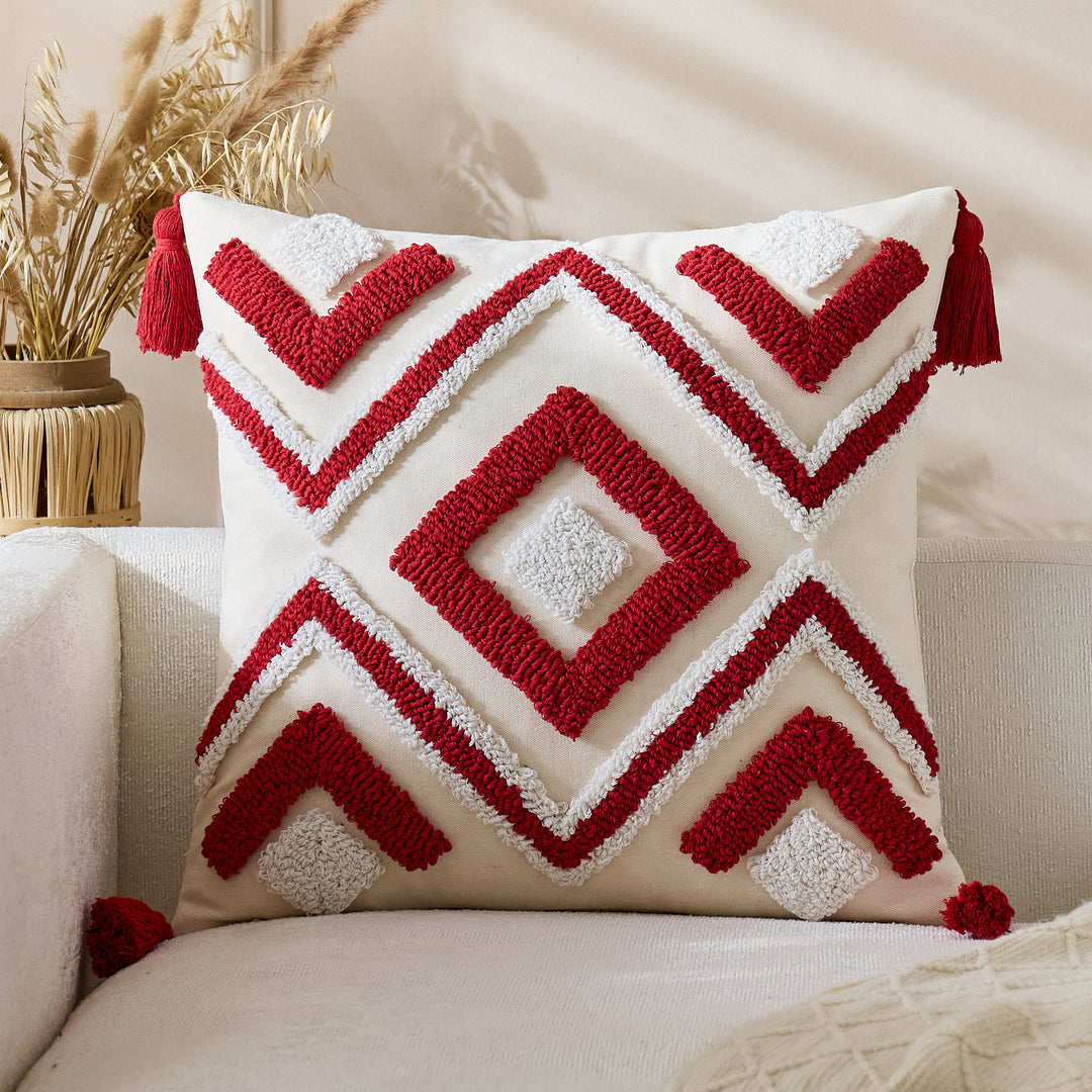 Tufted Geometric Boho Square Throw Pillow Cover with Corner Tassels and Hidden Zipper