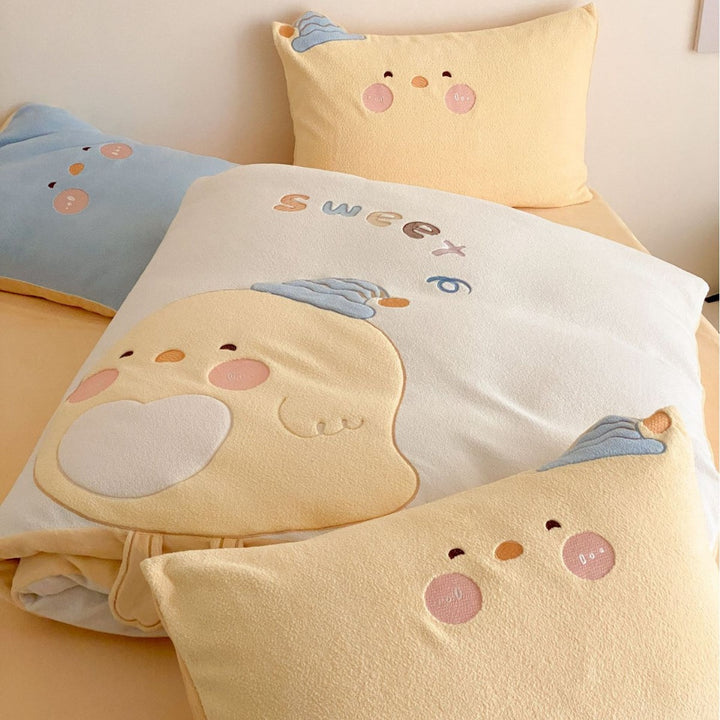 Children's Cute Plush Appliqué Cotton Duvet Cover Set with Plush Pillow Shams