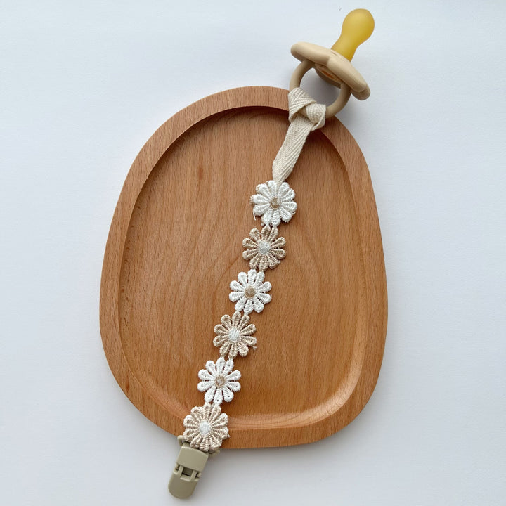 Crochet Daisy Pacifier Clip with Cotton Strap