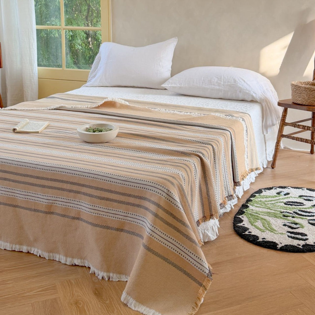 Oversized Woven Cotton Bedspread Throw with Fringe