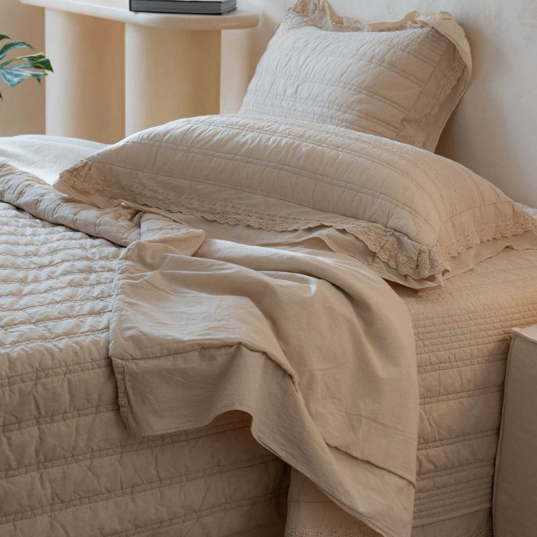 Quilted Washed Cotton Oversized Coverlet with Scalloped Ruffle and Matching Pillow Shams