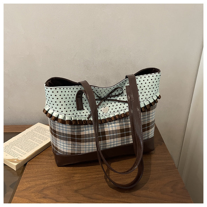 Plaid Tote with Ruffle Accent