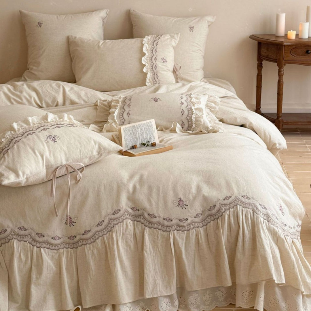Ruffled Embroidered Linen Duvet Cover Set