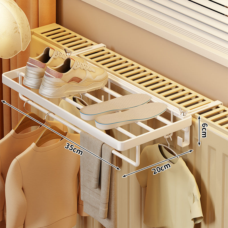 Radiator-Mounted Foldable Drying Rack with Shoe Shelf and Multi-Hook Garment Rail