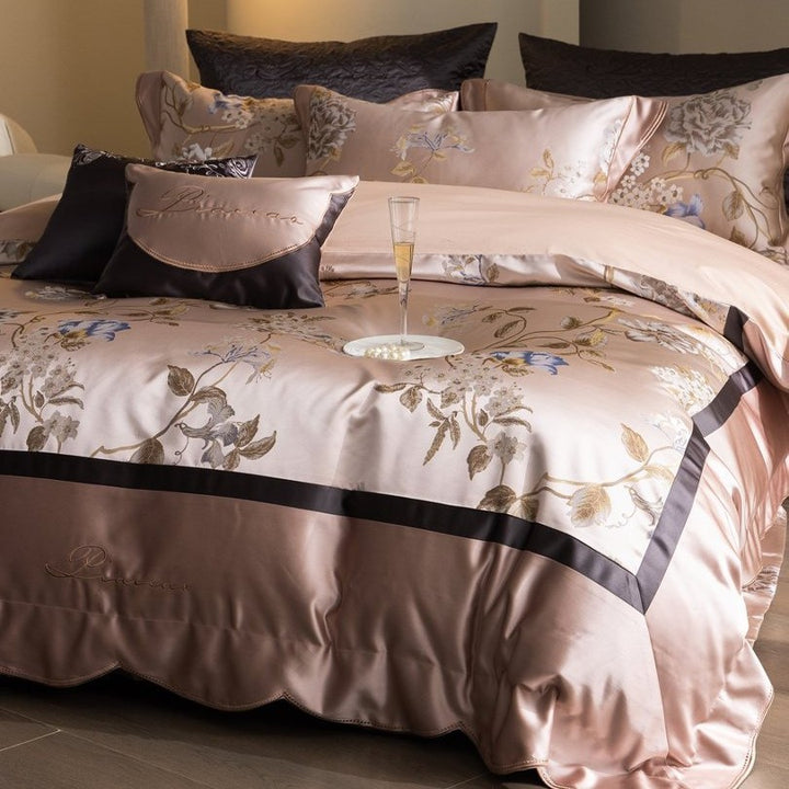 Silky Floral Embroidered Satin Duvet Cover Bedding Set with Scalloped Hem & Pillow Shams
