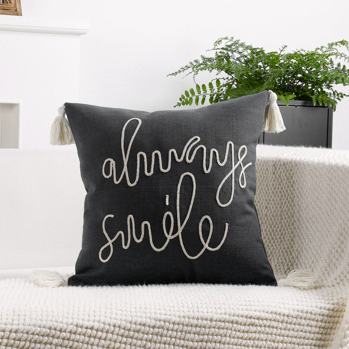 Square Linen-Blend Rope Embroidered Tassel Accent Pillow Cover