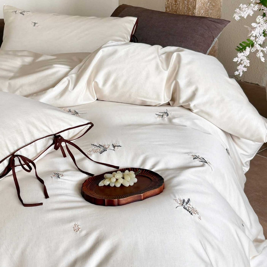 Washed Cotton Embroidered Duvet Cover Set with Tie-Closure Pillow Shams and Contrast Piped Edge