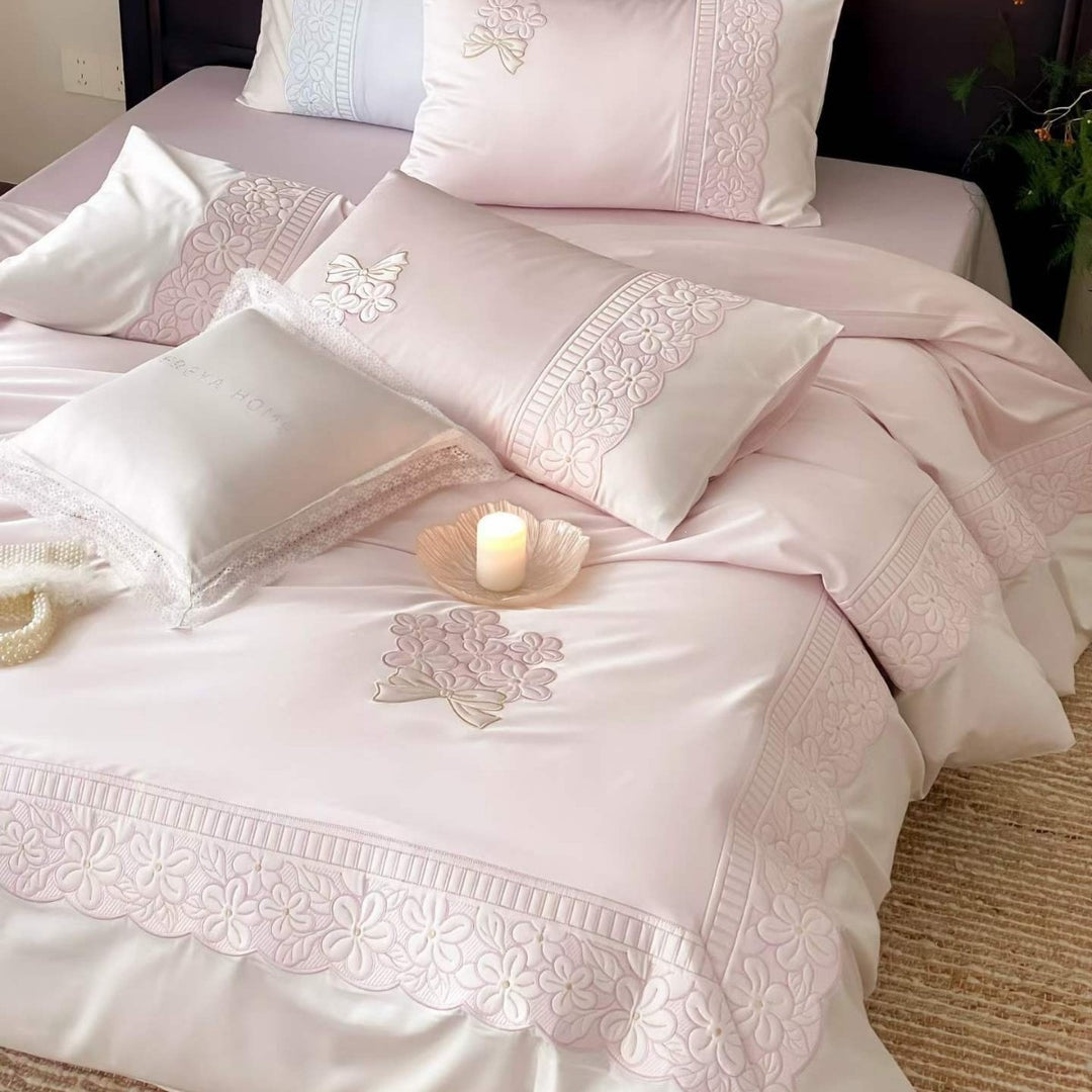 Embroidered Luxury Cotton Sateen Bedding Set with Floral Lace Trim