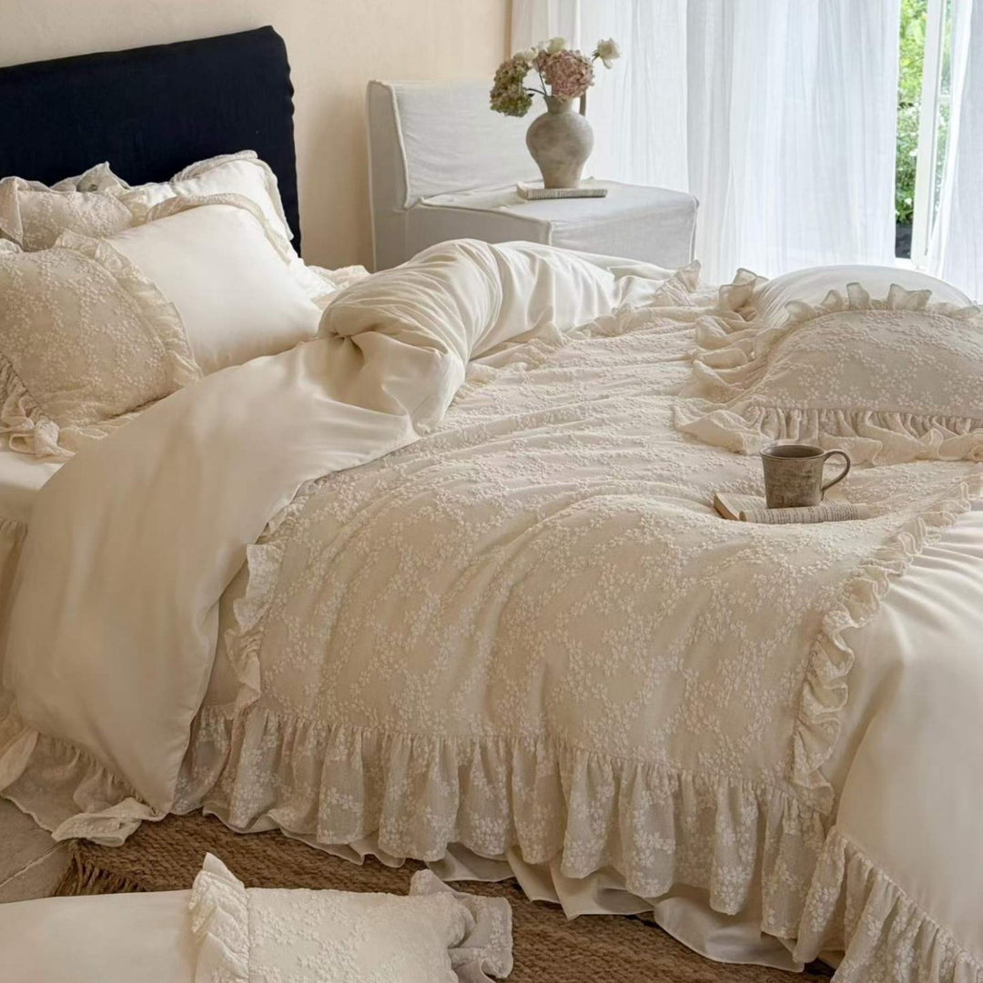 Luxurious Ruffled Lace Embroidered Duvet Cover Set with Satin Sheet
