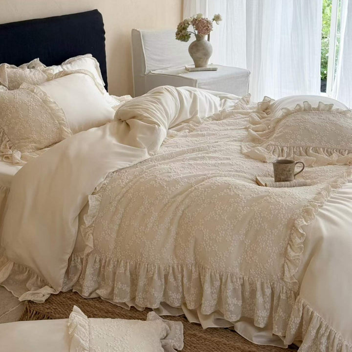Luxurious Ruffled Lace Embroidered Duvet Cover Set with Satin Sheet