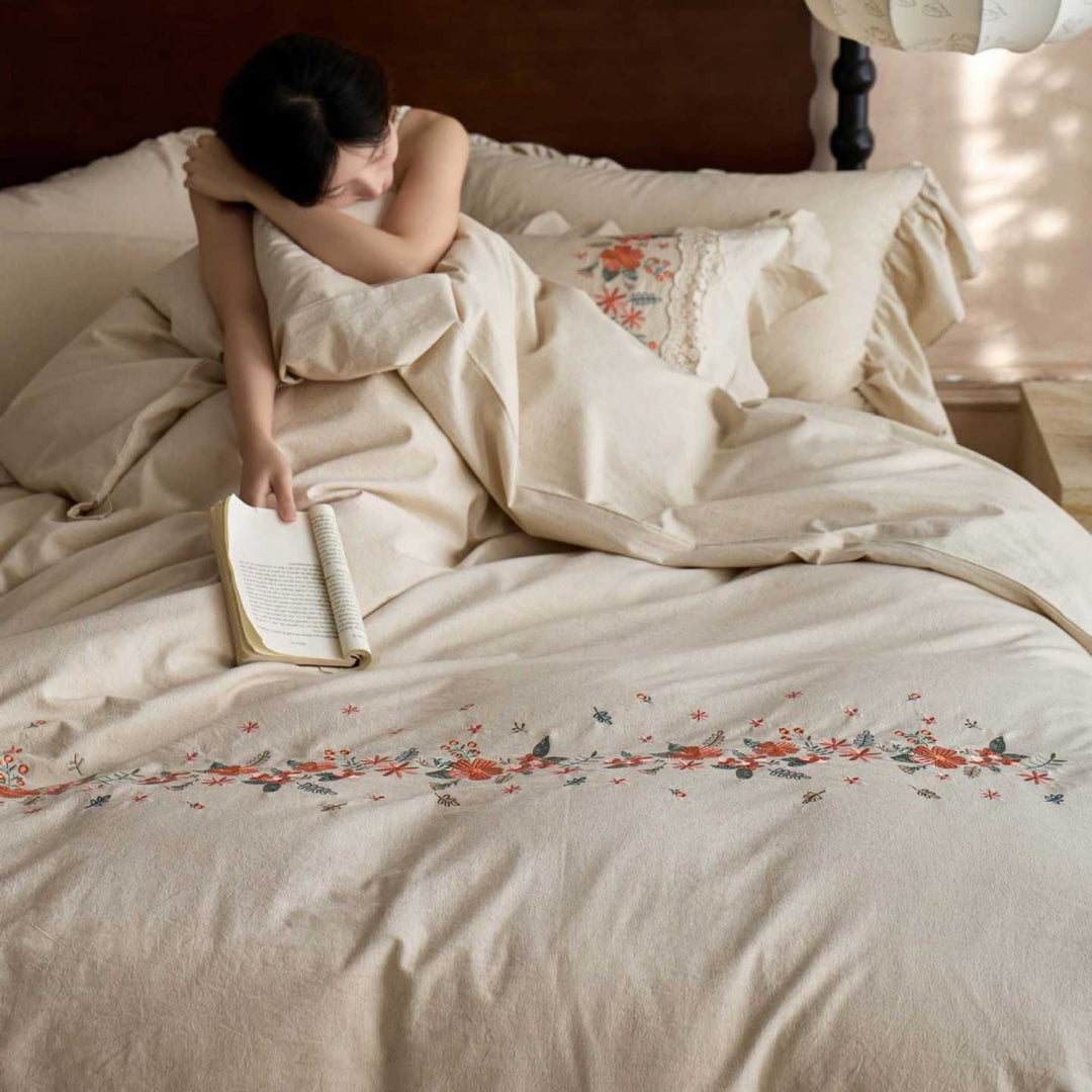 Embroidered Floral Ruffled Cotton Duvet Cover Set