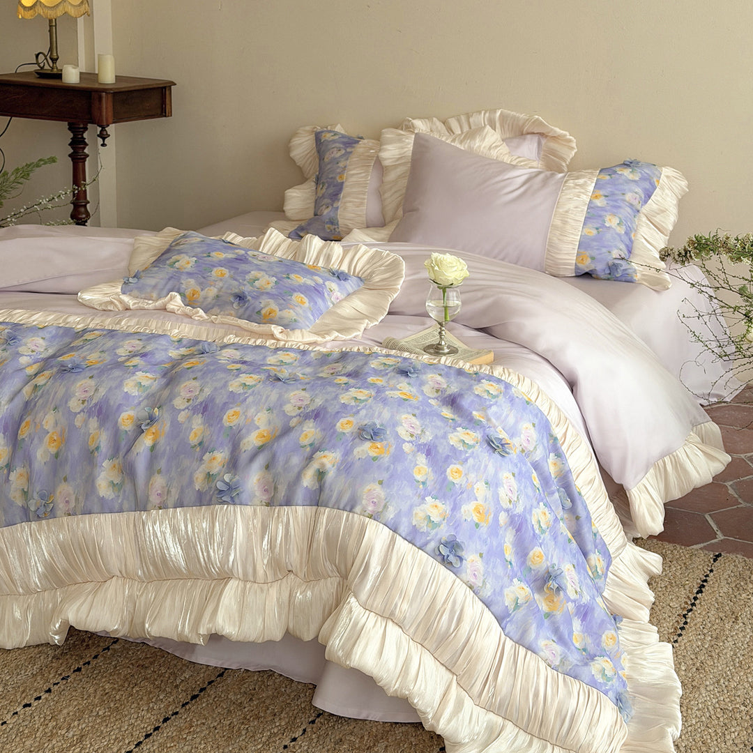 Floral duvet cover set made of cotton satin with pleated satin frill