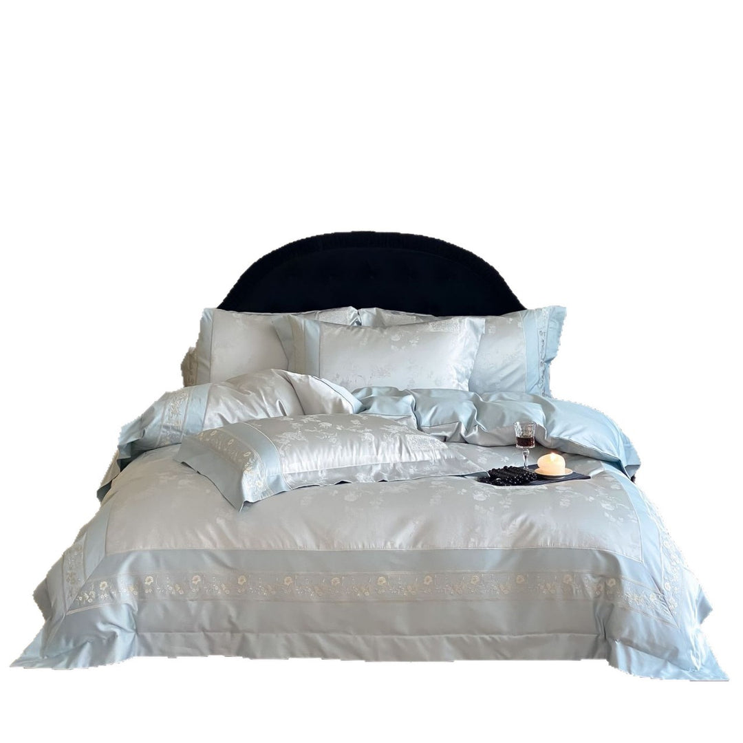 Finest satin bed linen set with delicate jacquard floral trim and pleated finish Stornfield