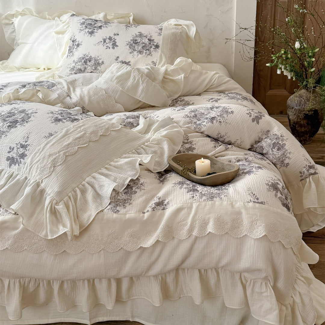 Ruffled Floral Cotton-Gauze Duvet Cover Set with Lace-Trim Pillow Shams