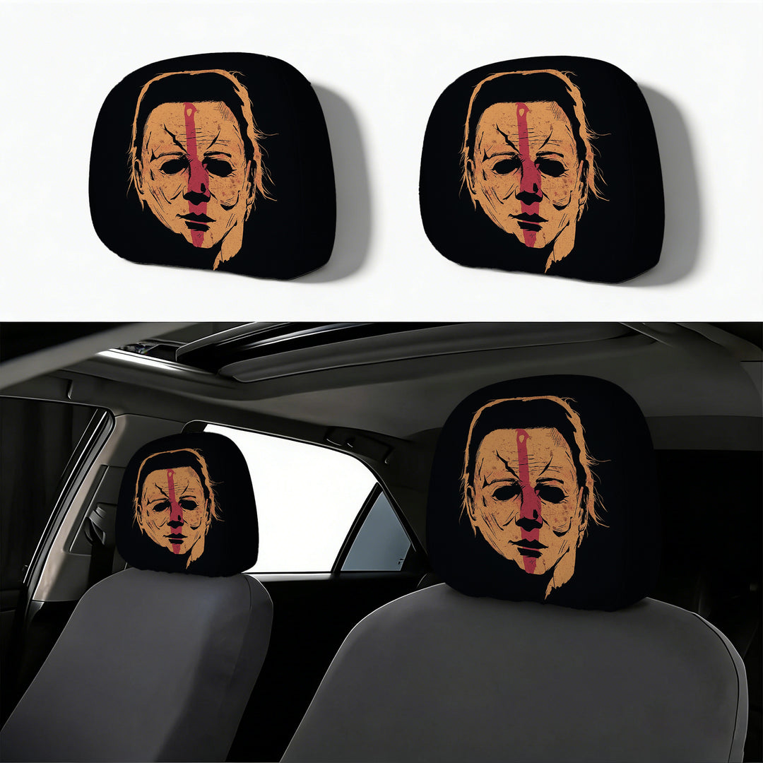 Car headrest cover with retro horror motif