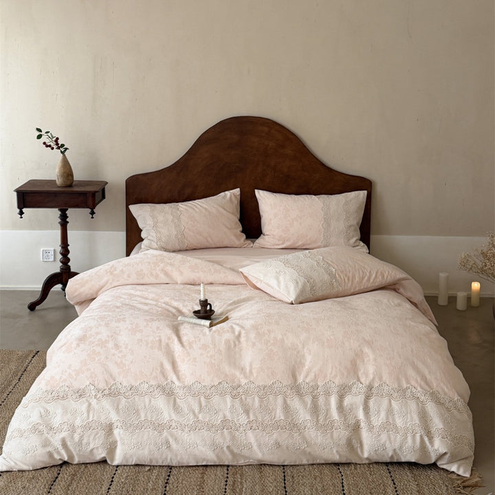 Hand-stitched Floral Jacquard Cotton Duvet Cover Set with Lace Border