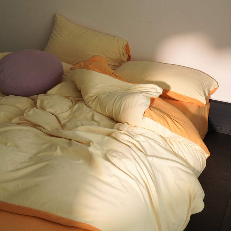 Reversible bedding set made of cotton percale with quilted duvet & fitted sheet