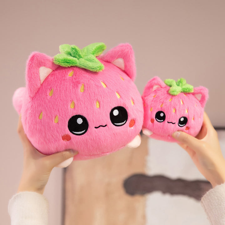Round Strawberry Cat Plush Cushion with Embroidered Face Leaf Top & Soft Bean-Fill Stornfield