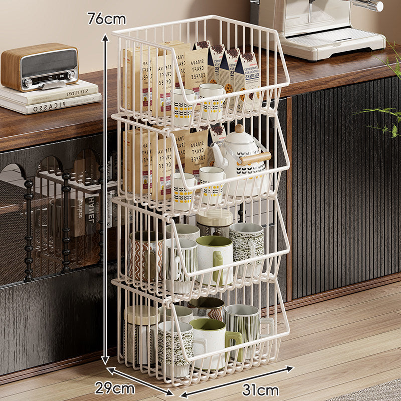 Four-Tier Tall Rolling Wire Pantry and Mug Storage Cart with Deep Slanted Baskets