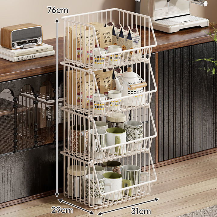 Four-Tier Tall Rolling Wire Pantry and Mug Storage Cart with Deep Slanted Baskets