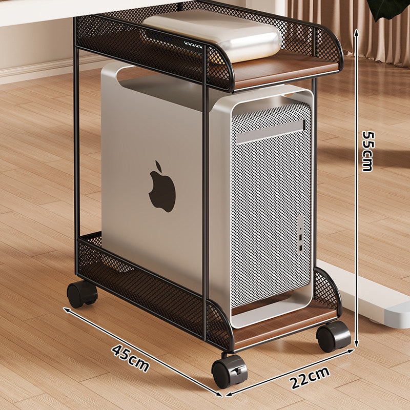 Mobile Desktop CPU Tower Stand with Mesh Side Guards Wooden Base and Locking Casters