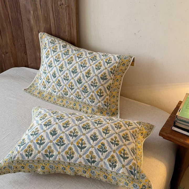 Embroidered Floral Cotton Pillowcase Shams Pair with Decorative Border