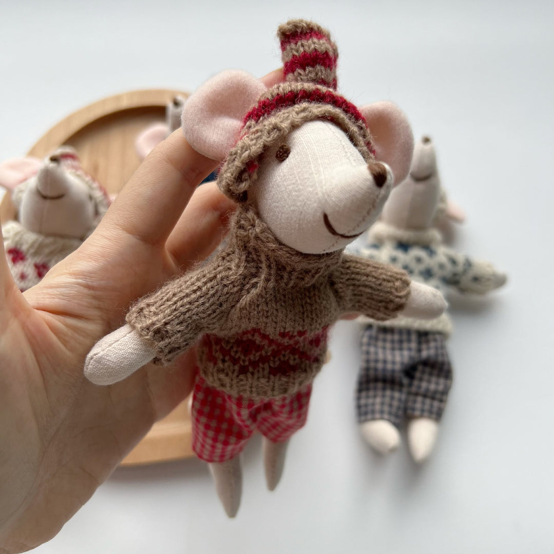 Artisan Linen Play Mouse Doll with Gingham Dress