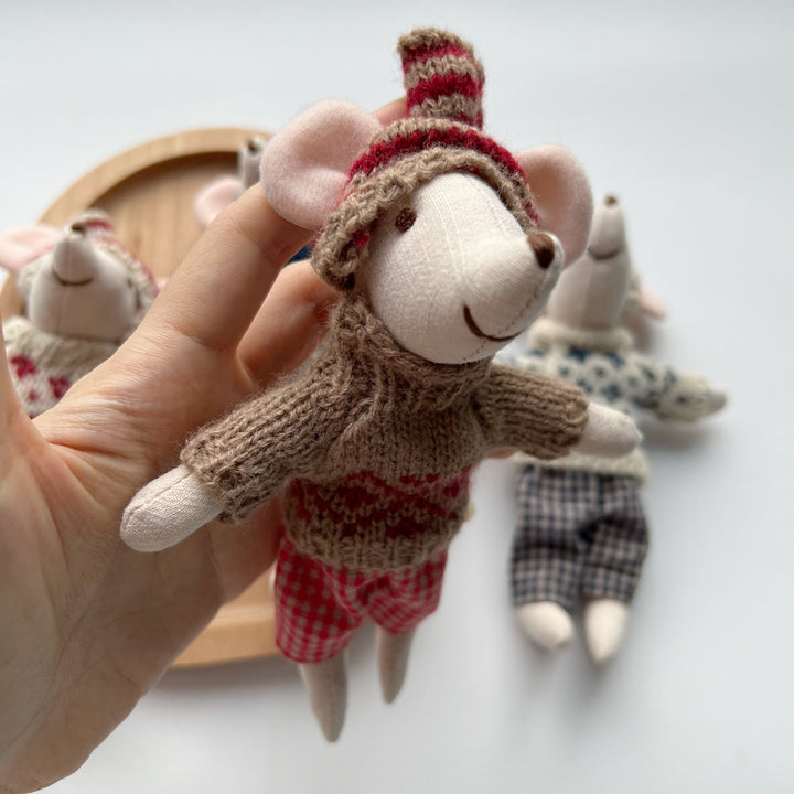 Artisan Linen Play Mouse Doll with Gingham Dress