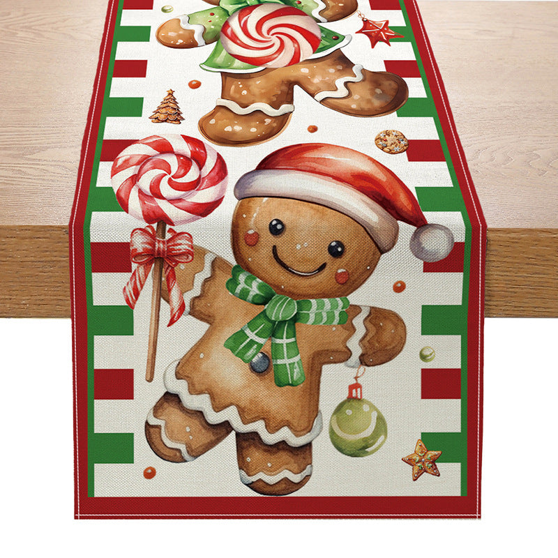Linen-Texture Cotton-Blend Christmas Table Runner with Burlap Trim and Winter Tree Illustration