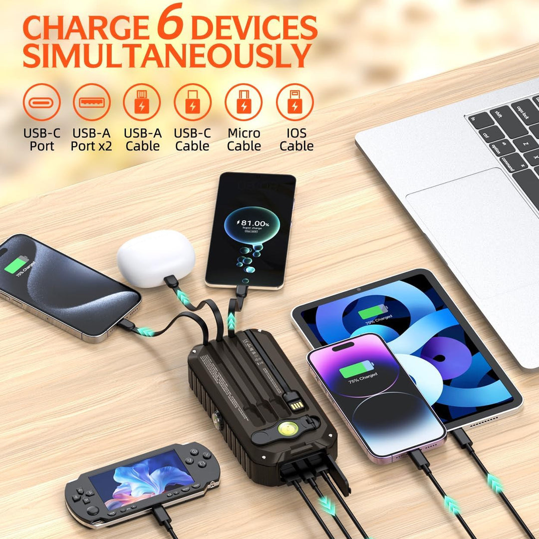 Solar Power Bank with Integrated Charging Cables and LED Flashlight Stornfield