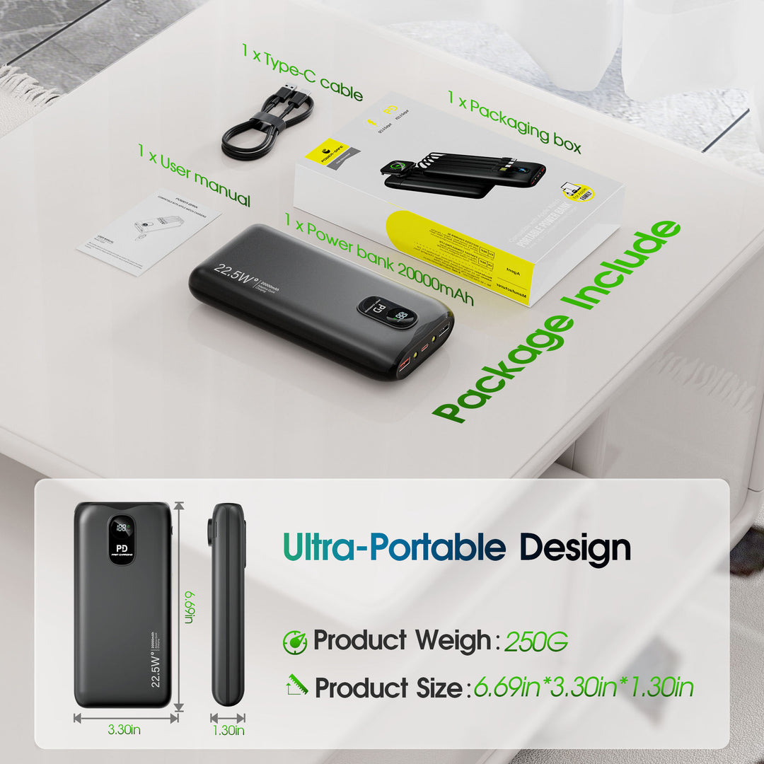 Portable power bank with integrated charging cables and LCD screen Stornfield