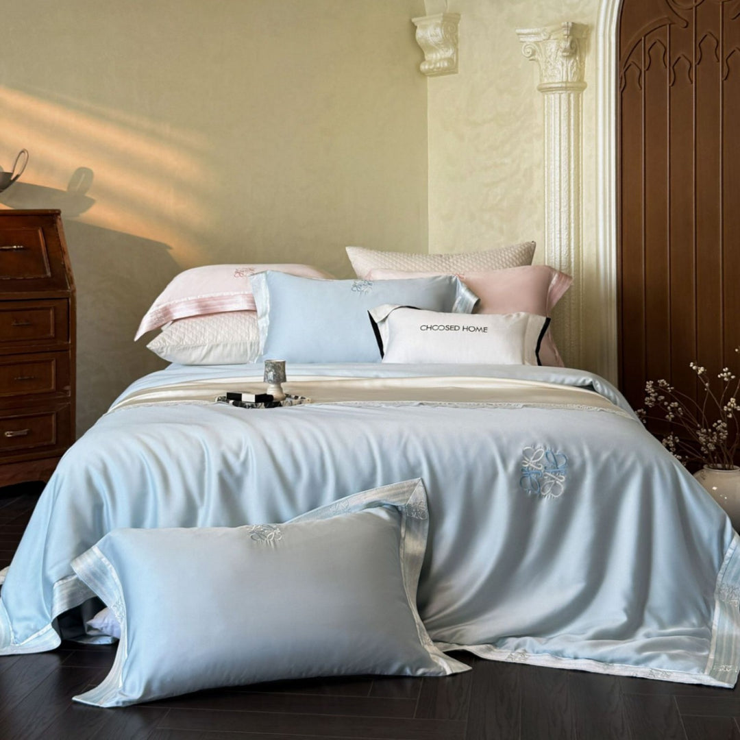 Silk-Feel Embroidered Satin Duvet Cover Set with Monogram Pillow Shams