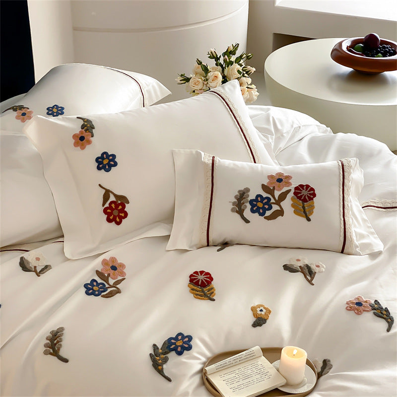 Embroidered Floral Luxury Cotton Duvet Cover Set with Decorative Pillow Shams