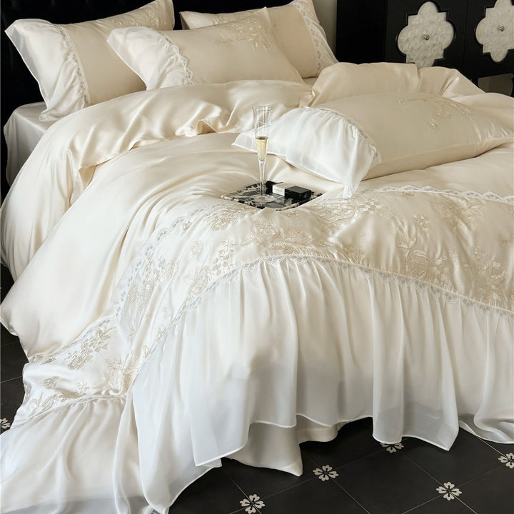 Embroidered Satin-Blend Duvet Cover Set with Layered Ruffled Bedskirt and Lace-Trim