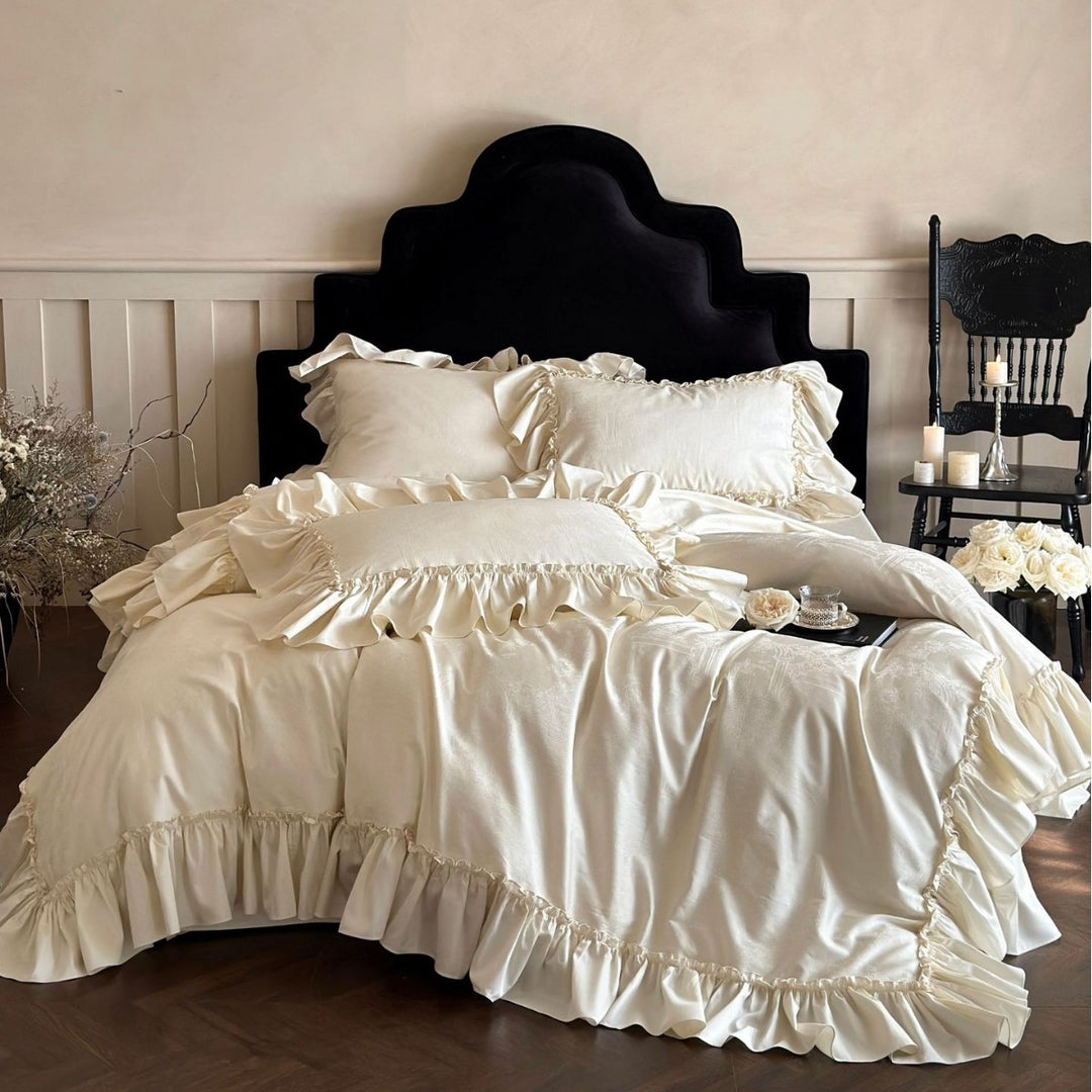 Ruffled Satin Jacquard Duvet Cover Set with Frilled Edge and Pillow Shams