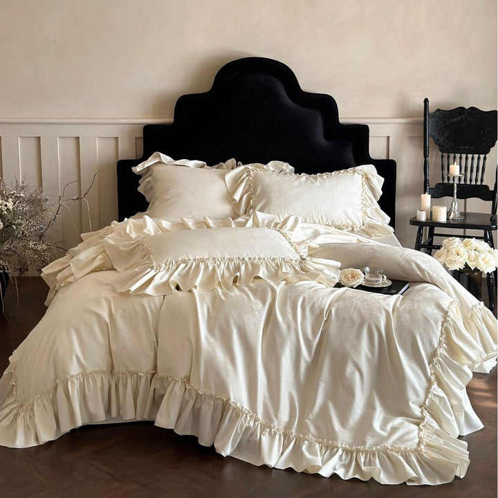 Ruffled Satin Jacquard Duvet Cover Set with Frilled Edge and Pillow Shams