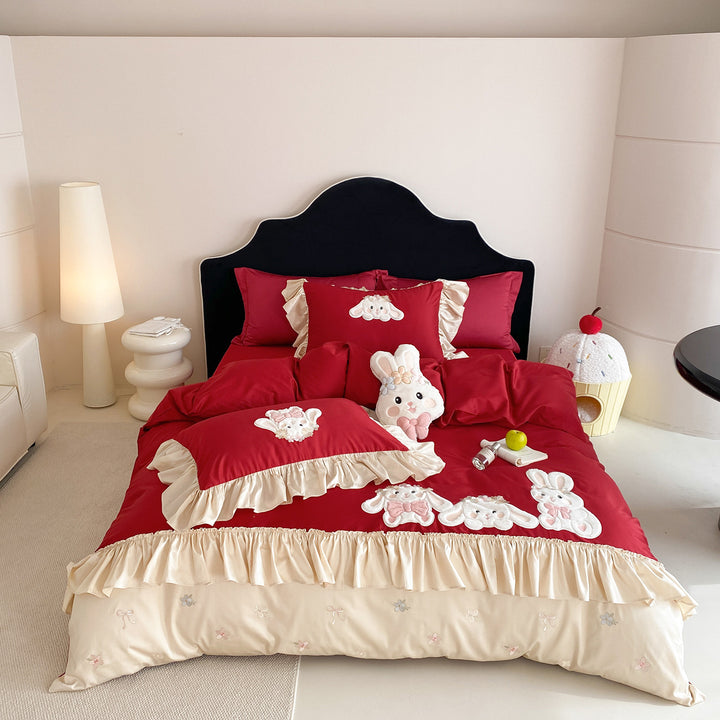 Embroidered Ruffled Bunny Appliqué Duvet Cover Bedding Set