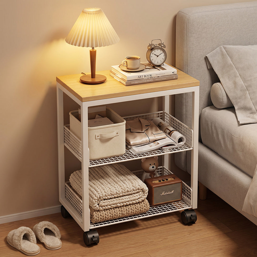 Two-Tier Rolling Mesh Storage Cart with Wood Top and Locking Casters