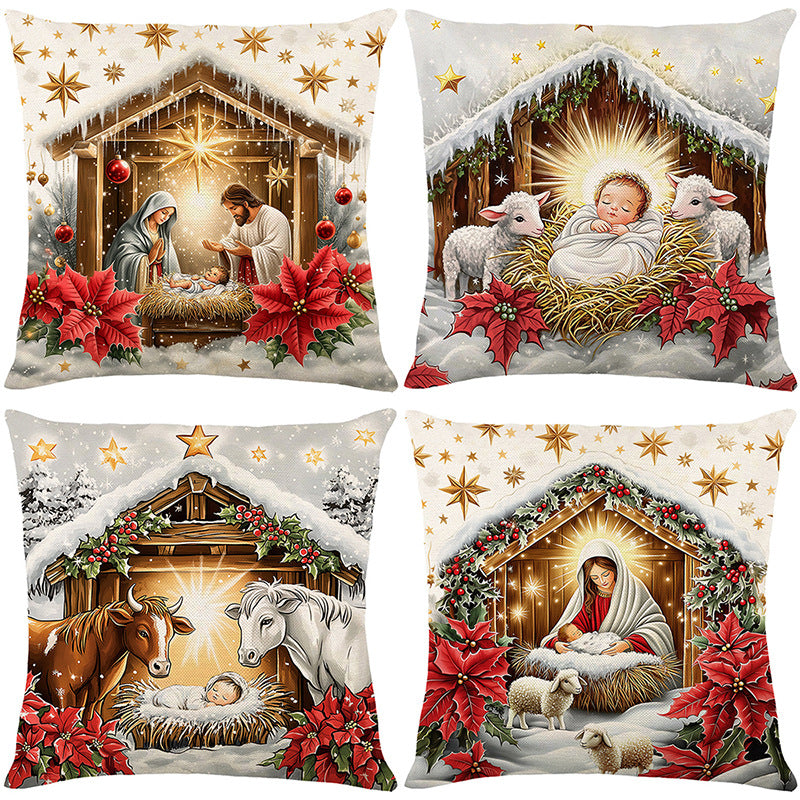 Holiday Nativity Manger Illustration Cotton-Linen Decorative Pillow Cover
