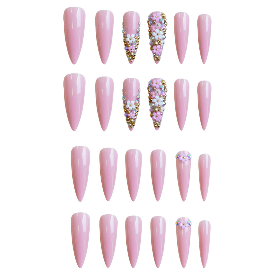 Artificial nail set with floral 3D decorations and glitter Stornfield