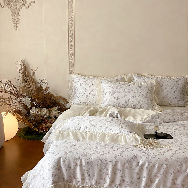Luxury Floral Satin Bedding Set with Ruffled Edge