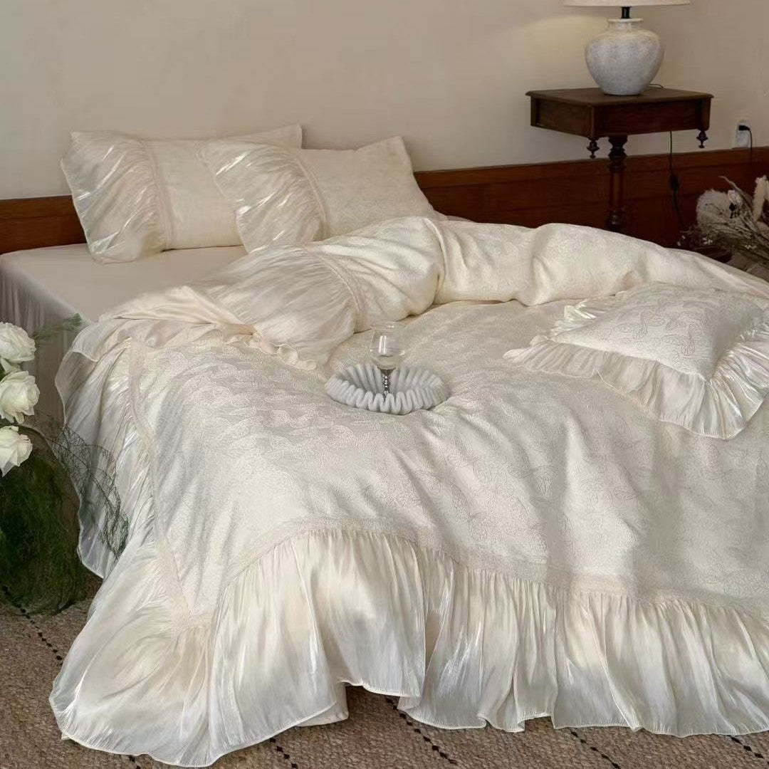 Elegant Ruffled Jacquard Satin-Trim Duvet Cover & Pillow Sham Set