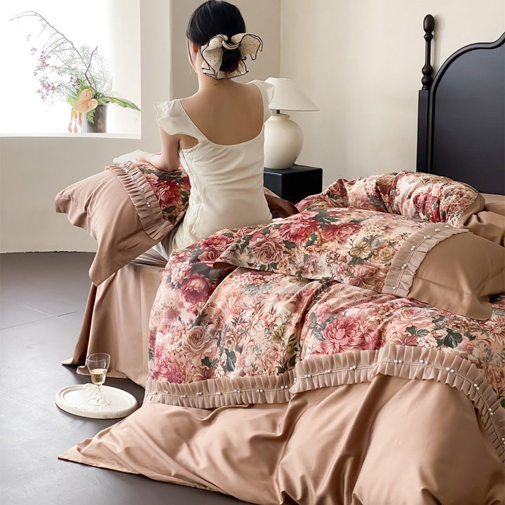 Luxury Floral Ruffled Pearl-Trimmed Duvet Cover Set