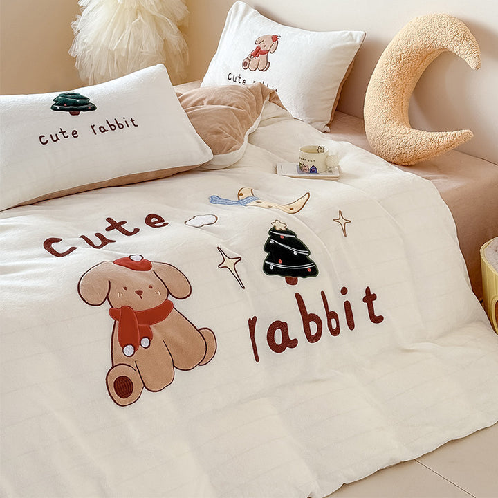 Plush Embroidered Duvet Cover Set with Rabbit Appliqué & Decorative Pillow Shams
