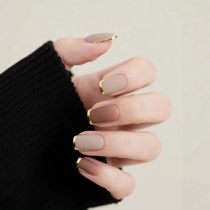 Luxury Mat Finish Press-On Nails with Gold Trim