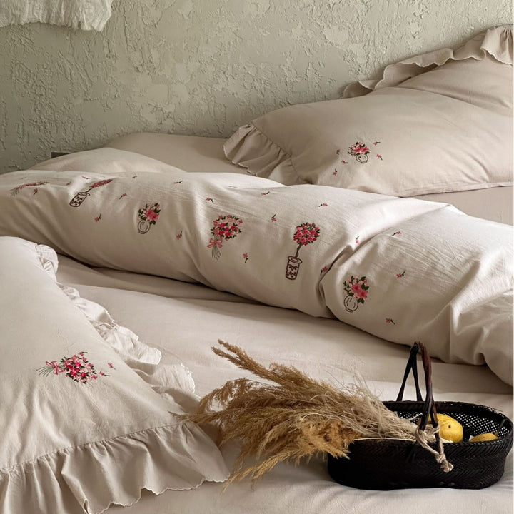 Ruffled Embroidered Cotton Duvet Cover Set with Pillow Shams