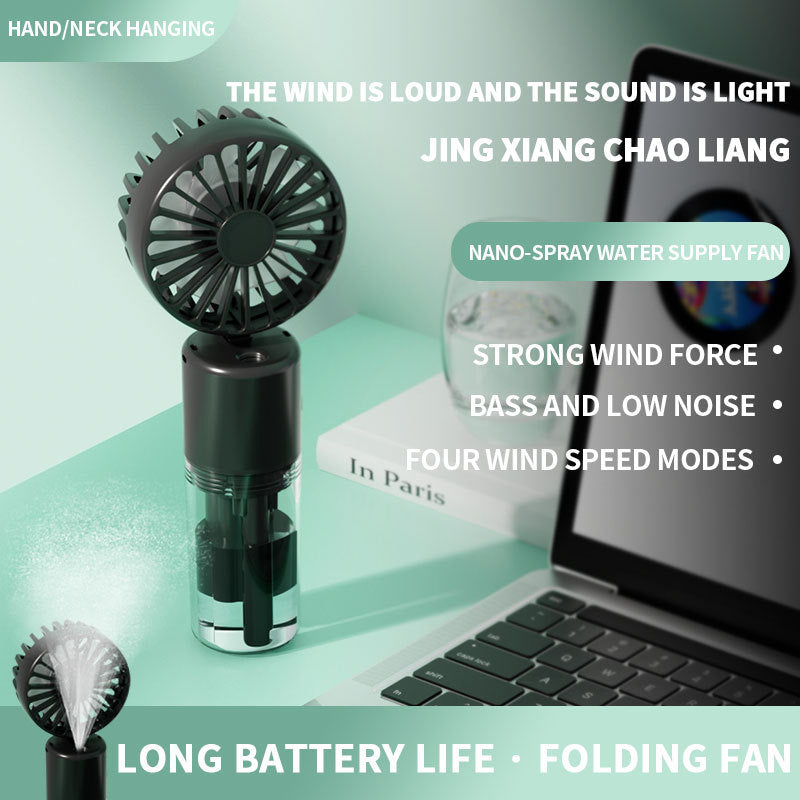 Cooling compact rechargeable folding misting handheld fan with transparent water reservoir detachable base and four speed brushless motor Stornfield